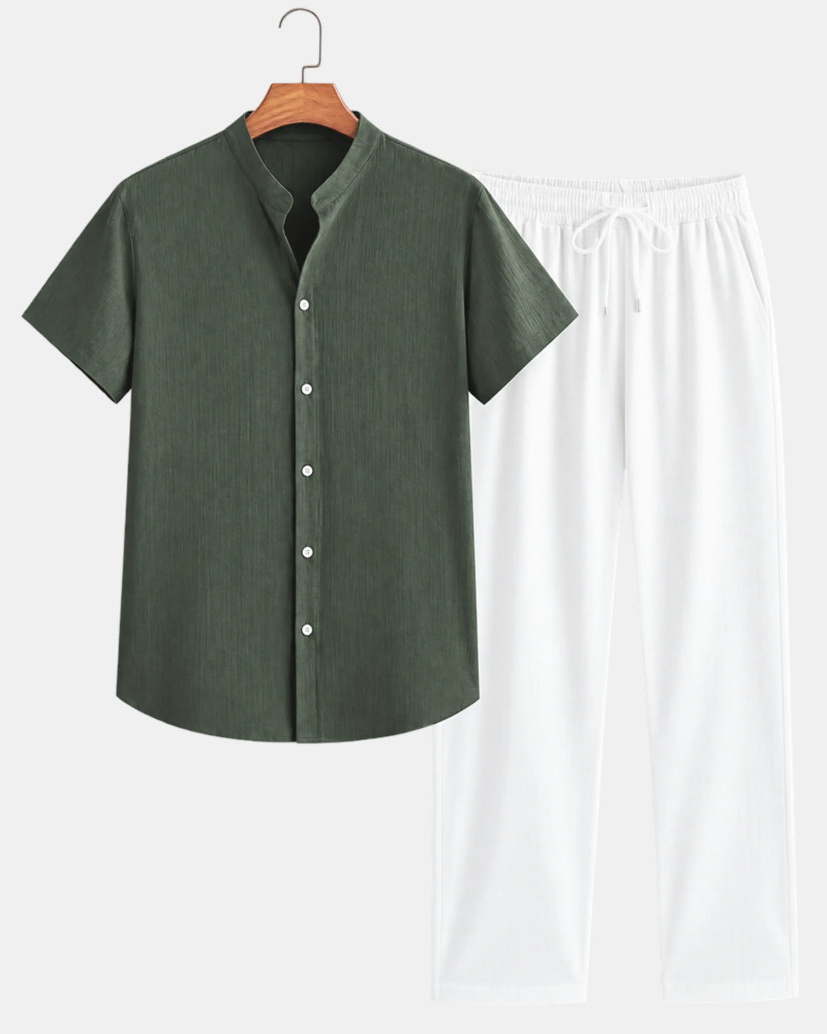 Grandad Collar Short-Sleeve Shirt and Drawstring Trouser Set - photo 2