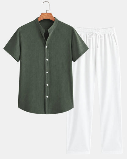 Grandad Collar Short-Sleeve Shirt and Drawstring Trouser Set - photo 2