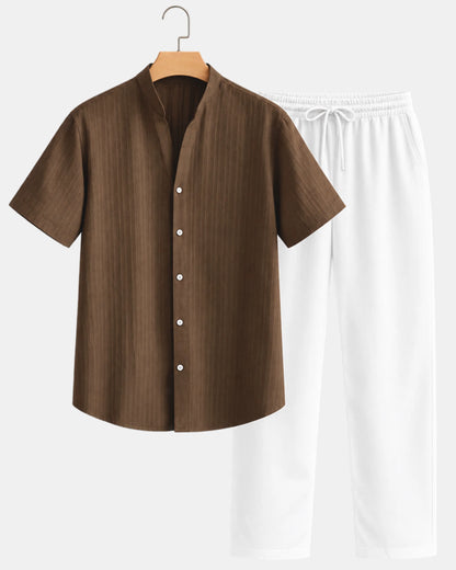 Grandad Collar Short-Sleeve Shirt and Drawstring Trouser Set - photo 3