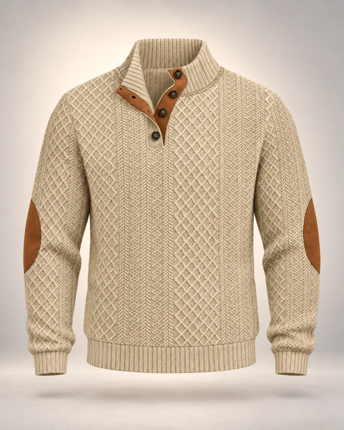 Jacquard Button-Neck Jumper with Contrast Elbow Patches - photo 1