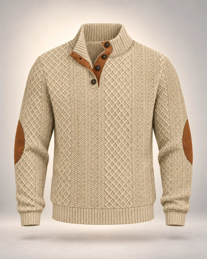 Jacquard Button-Neck Jumper with Contrast Elbow Patches - photo 1