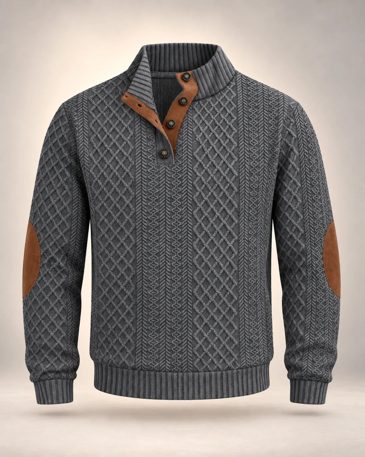 Jacquard Button-Neck Jumper with Contrast Elbow Patches - photo 4