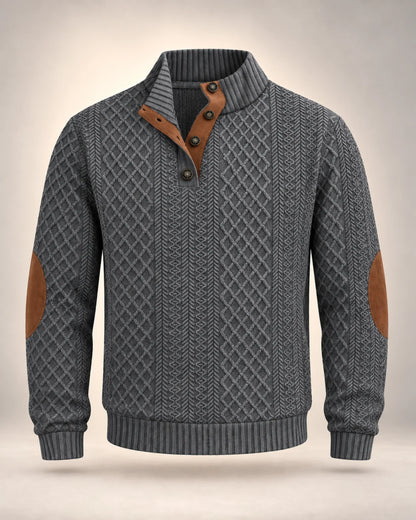 Jacquard Button-Neck Jumper with Contrast Elbow Patches - photo 4