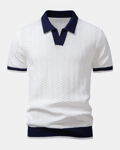 Knitted V-Neck Polo Shirt with Contrast Trim - photo 1