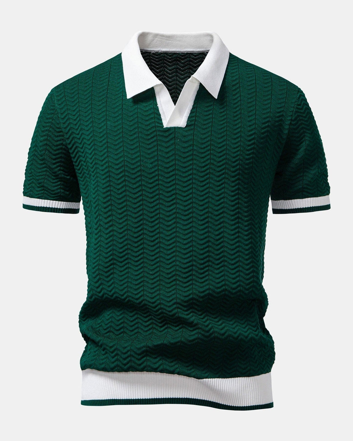Knitted V-Neck Polo Shirt with Contrast Trim - photo 2