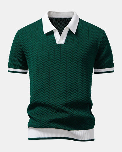 Knitted V-Neck Polo Shirt with Contrast Trim - photo 2