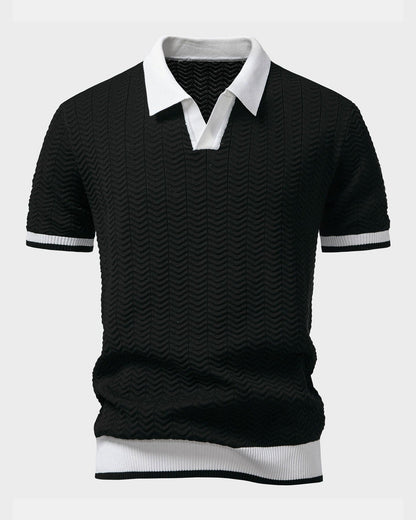 Knitted V-Neck Polo Shirt with Contrast Trim - photo 3