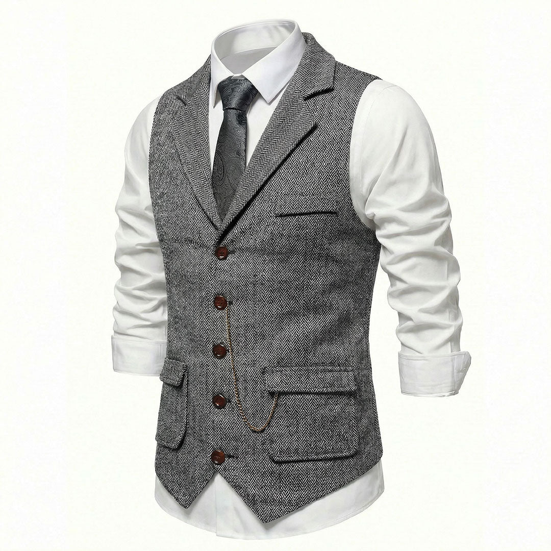 Men's Single-Breasted Herringbone Waistcoat with Chain Detail - photo 15