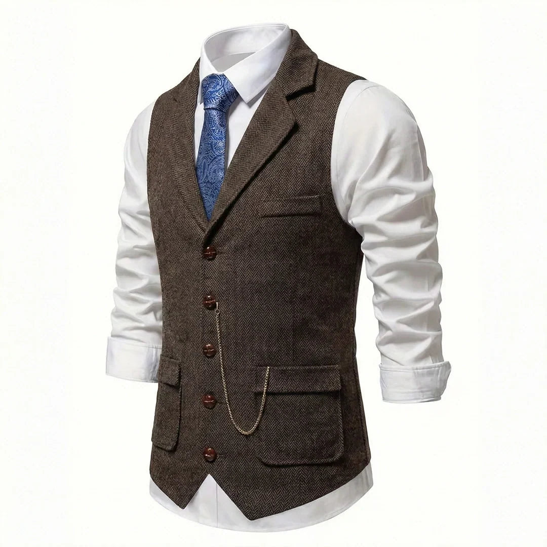 Men's Single-Breasted Herringbone Waistcoat with Chain Detail - photo 19
