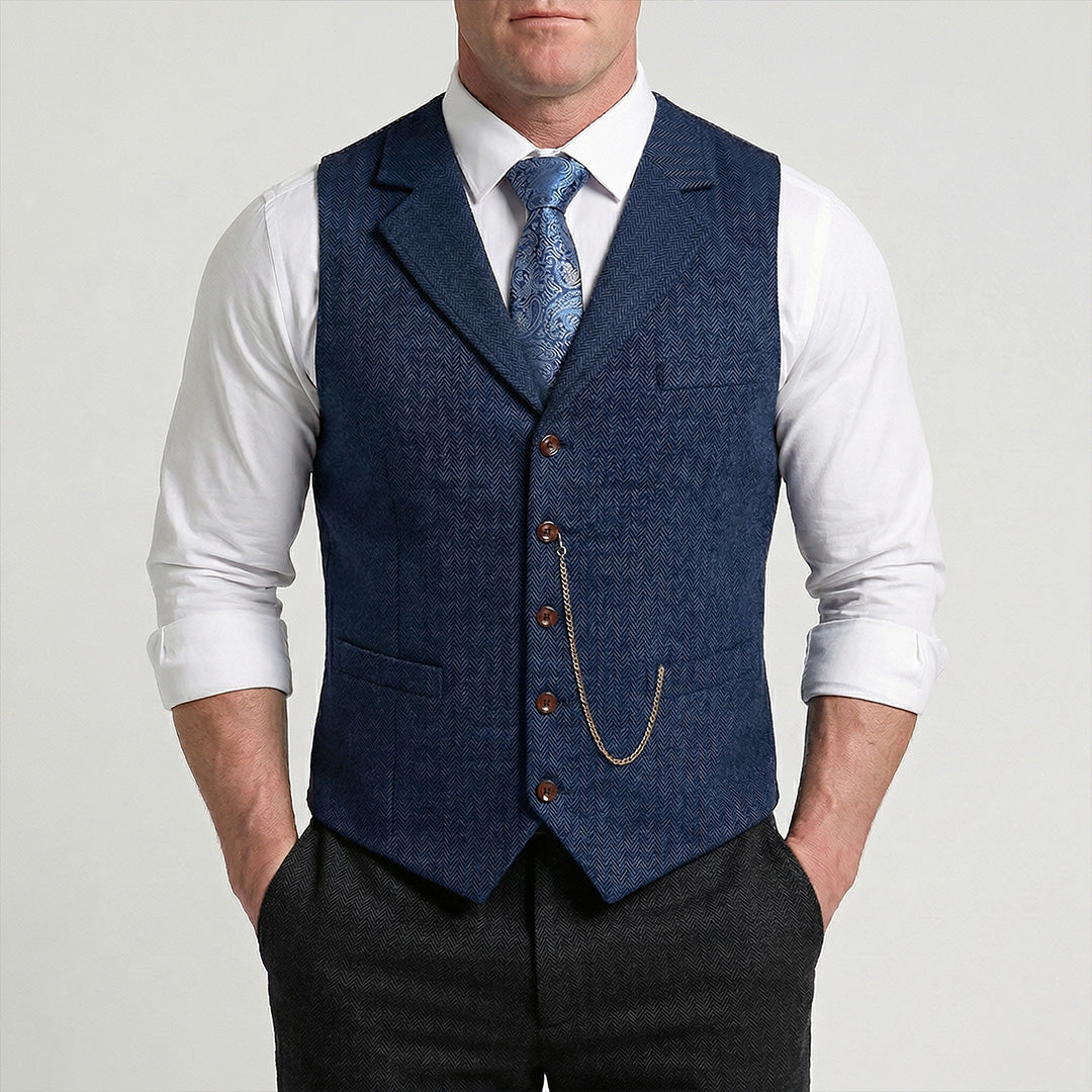 Men's Single-Breasted Herringbone Waistcoat with Chain Detail - photo 3