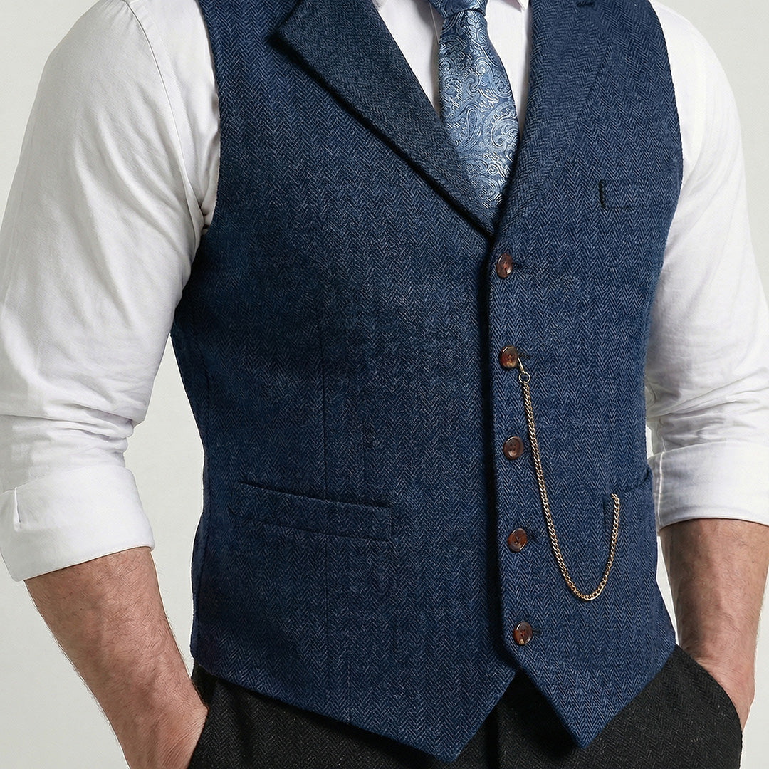 Men's Single-Breasted Herringbone Waistcoat with Chain Detail - photo 4