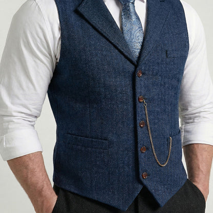 Men's Single-Breasted Herringbone Waistcoat with Chain Detail - photo 4