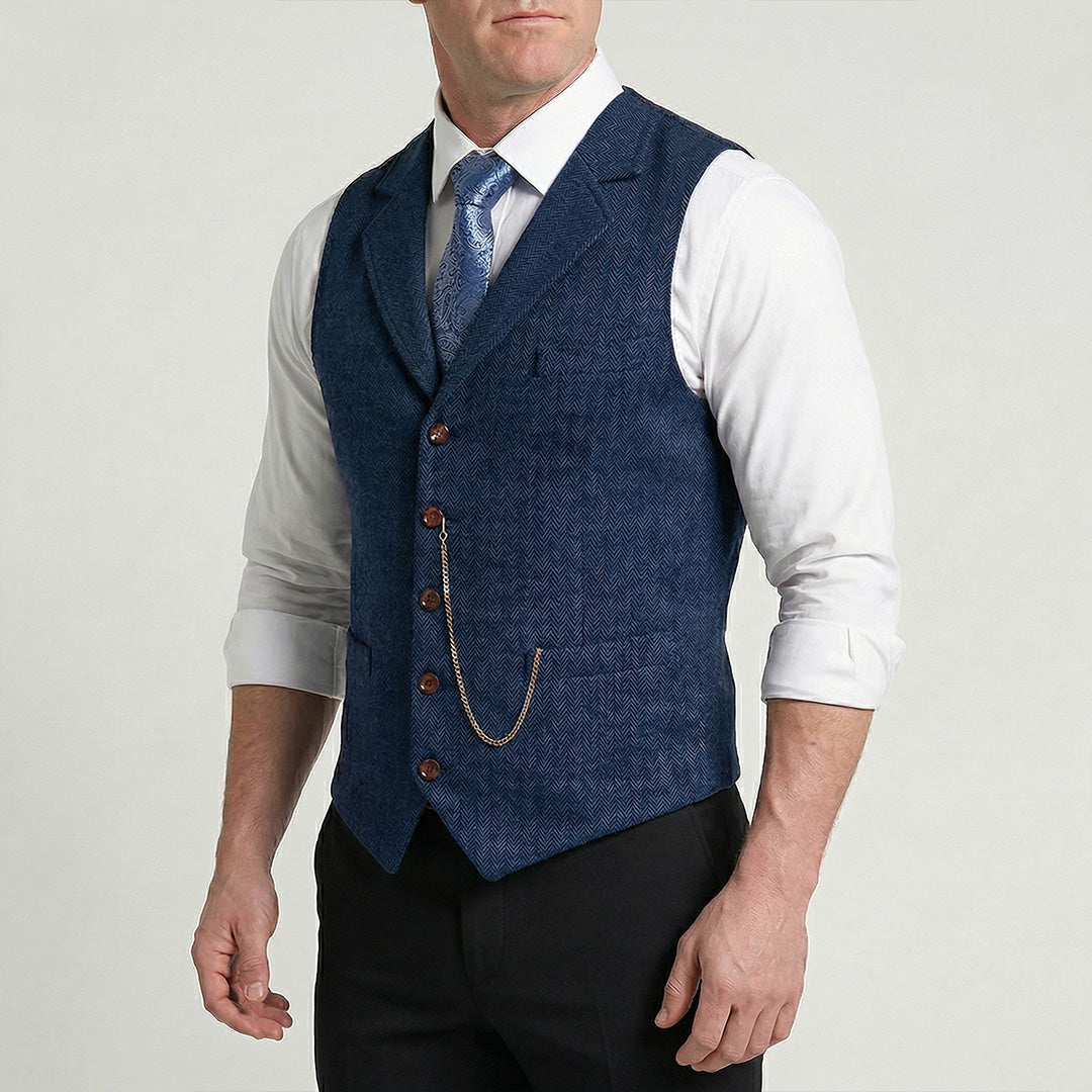 Men's Single-Breasted Herringbone Waistcoat with Chain Detail - photo 5