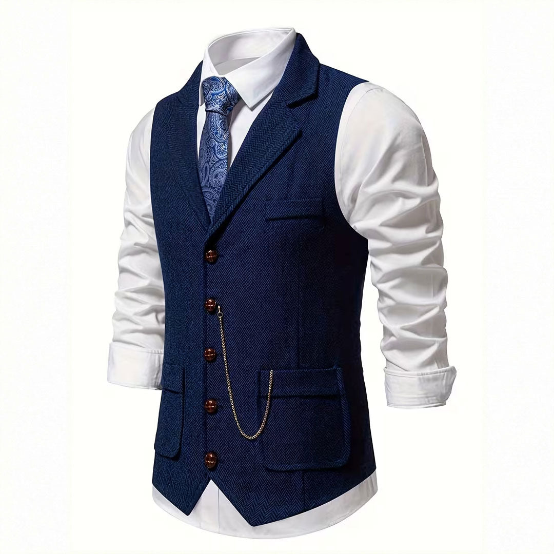 Men's Single-Breasted Herringbone Waistcoat with Chain Detail - photo 6