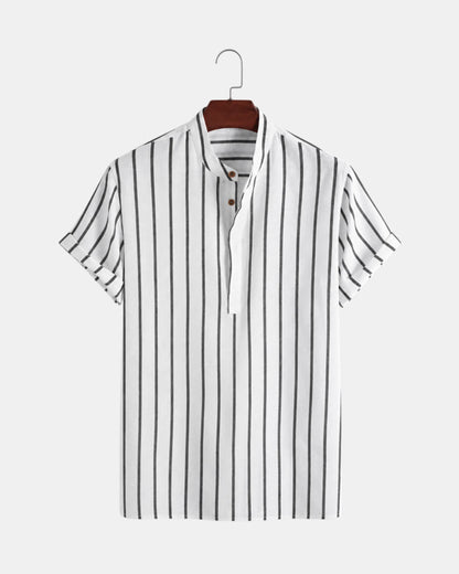 Striped Grandad Collar Short-Sleeve Shirt - photo 1