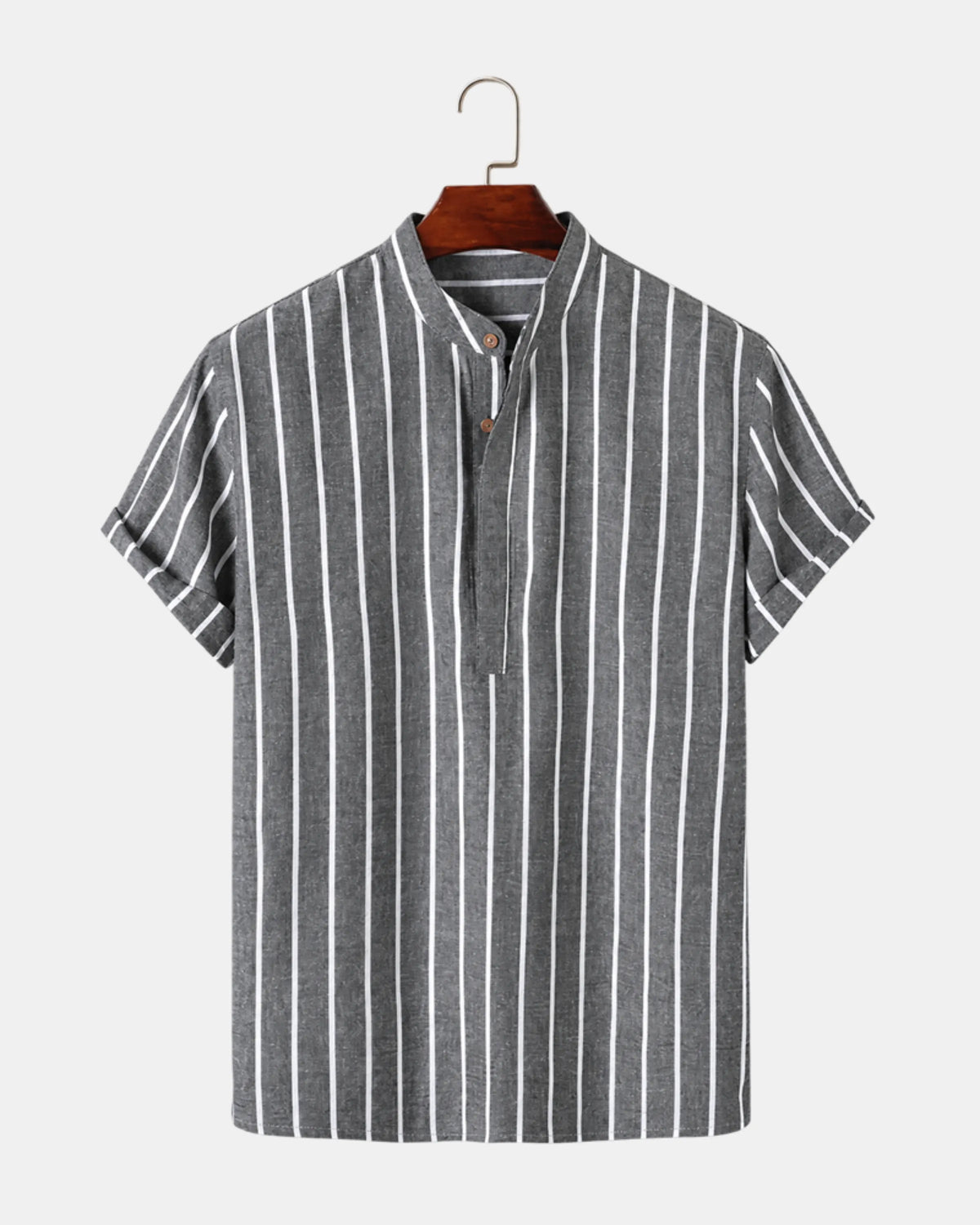 Striped Grandad Collar Short-Sleeve Shirt - photo 2