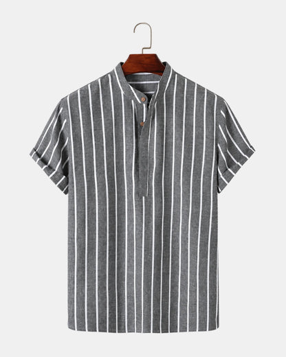 Striped Grandad Collar Short-Sleeve Shirt - photo 2