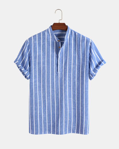 Striped Grandad Collar Short-Sleeve Shirt - photo 3